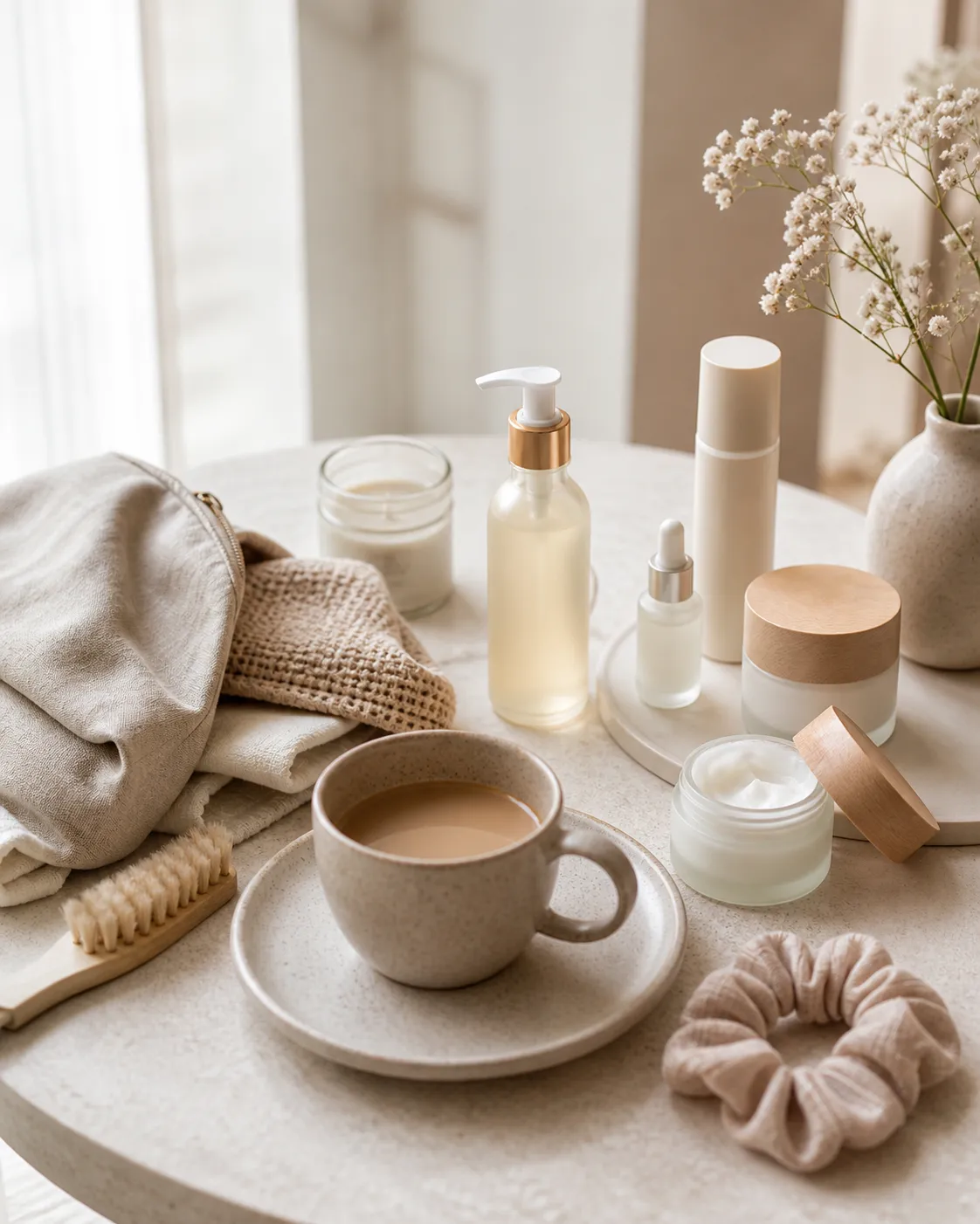 Scène de routine matinale beauté et bien-être aux tons doux et naturels