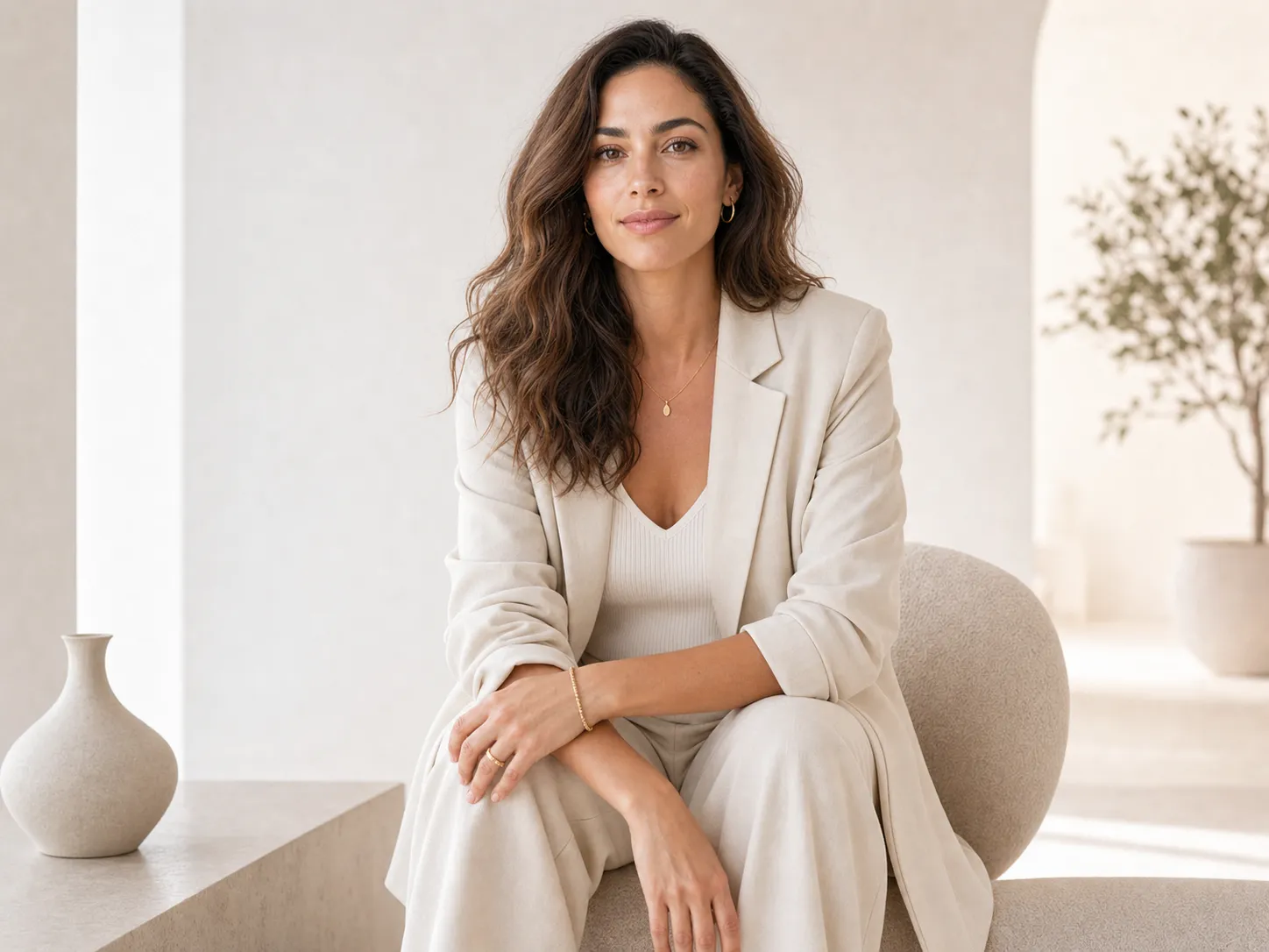 Alice, fondatrice de Style par Alice, en tenue crème dans un intérieur lumineux et minimaliste