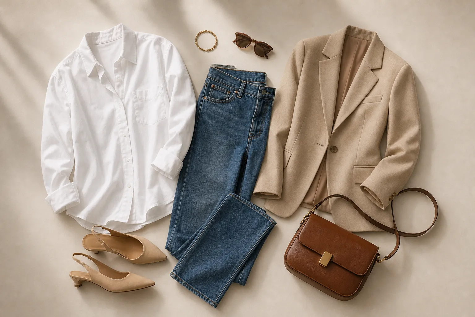 Essentiels intemporels d'une garde-robe : chemise blanche, jean droit, blazer et sac en cuir