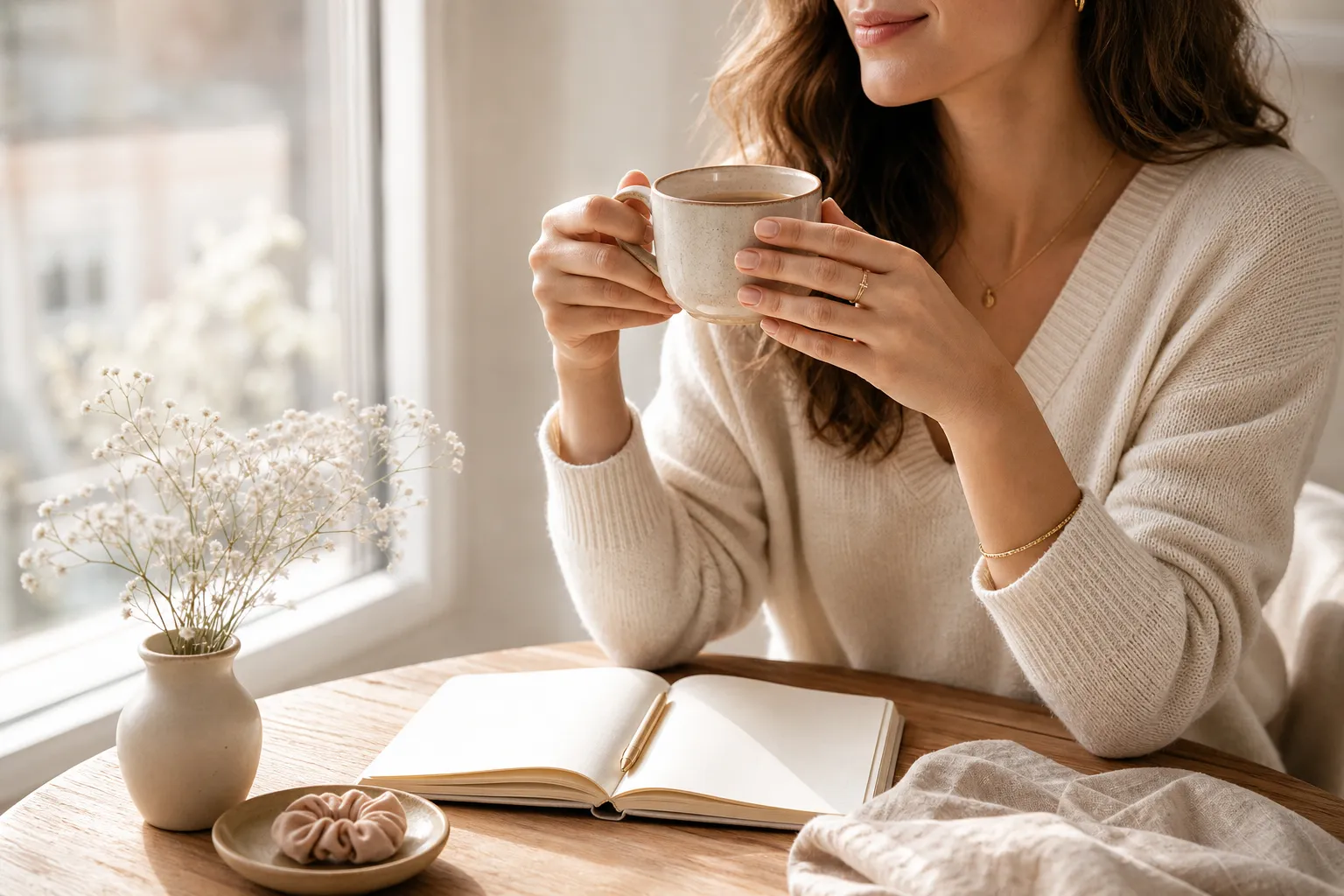 Routine matinale douce : café et carnet près d'une fenêtre dans une lumière naturelle
